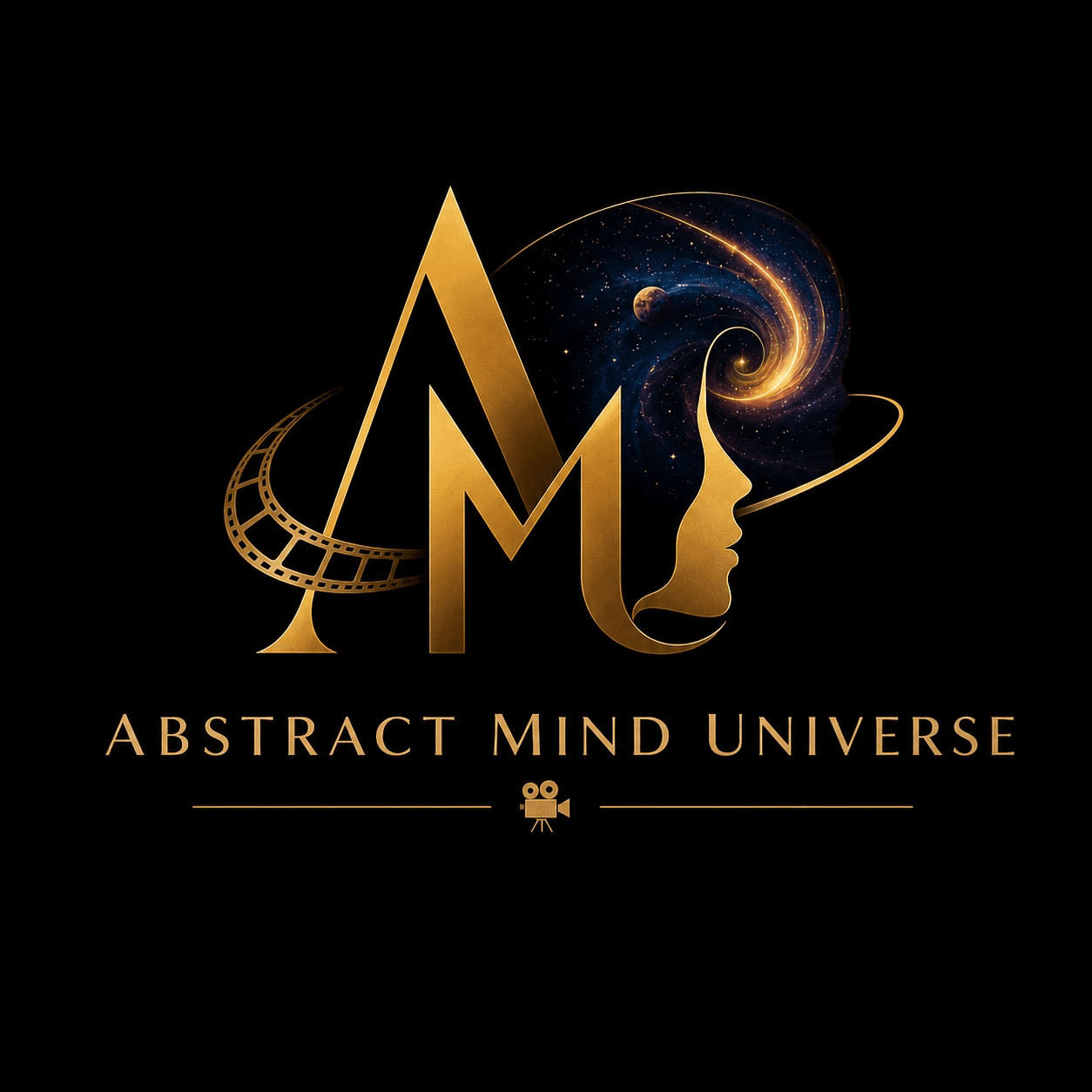 Abstract Mind Universe logo combining film, imagination and a cosmic human mind